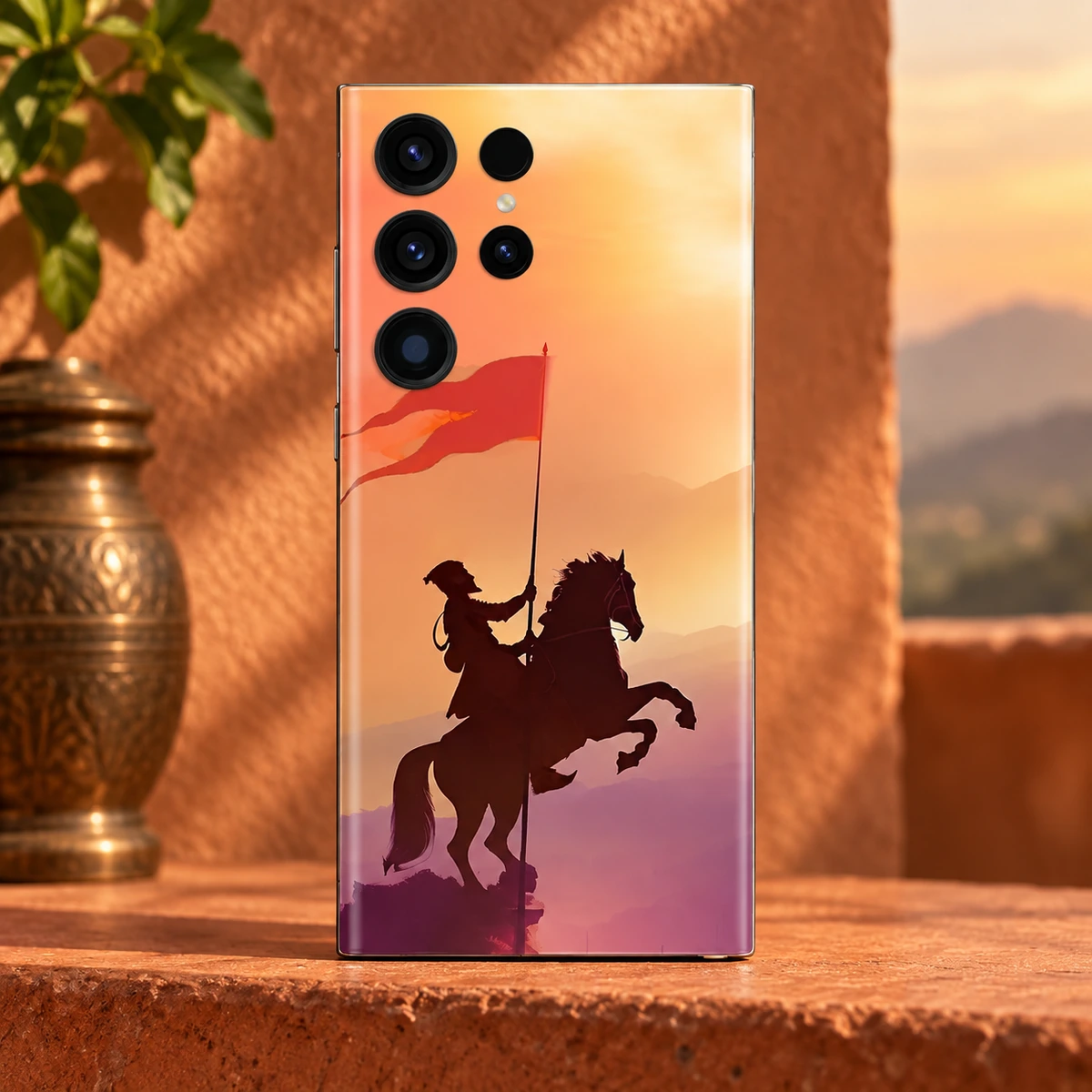 Shivaji Maharaj Horseback Sunset Mobile Skin - Silhouette detail Detailed horseback Shivaji Maharaj silhouette and saffron flag printed on sunset mobile skin