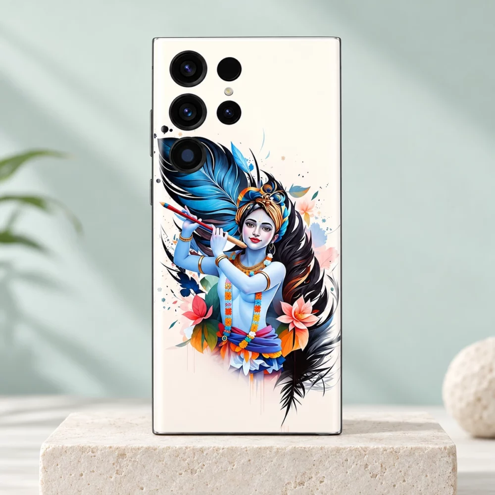 Shree Krishna Art mobile skin with flute, blue feathers and pink flowers - ivory mint hero