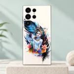 Shree Krishna Art mobile skin with flute, blue feathers and pink flowers - ivory mint hero
