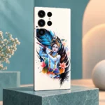 Shree Krishna Art mobile skin with flute, blue feathers and pink flowers - teal studio