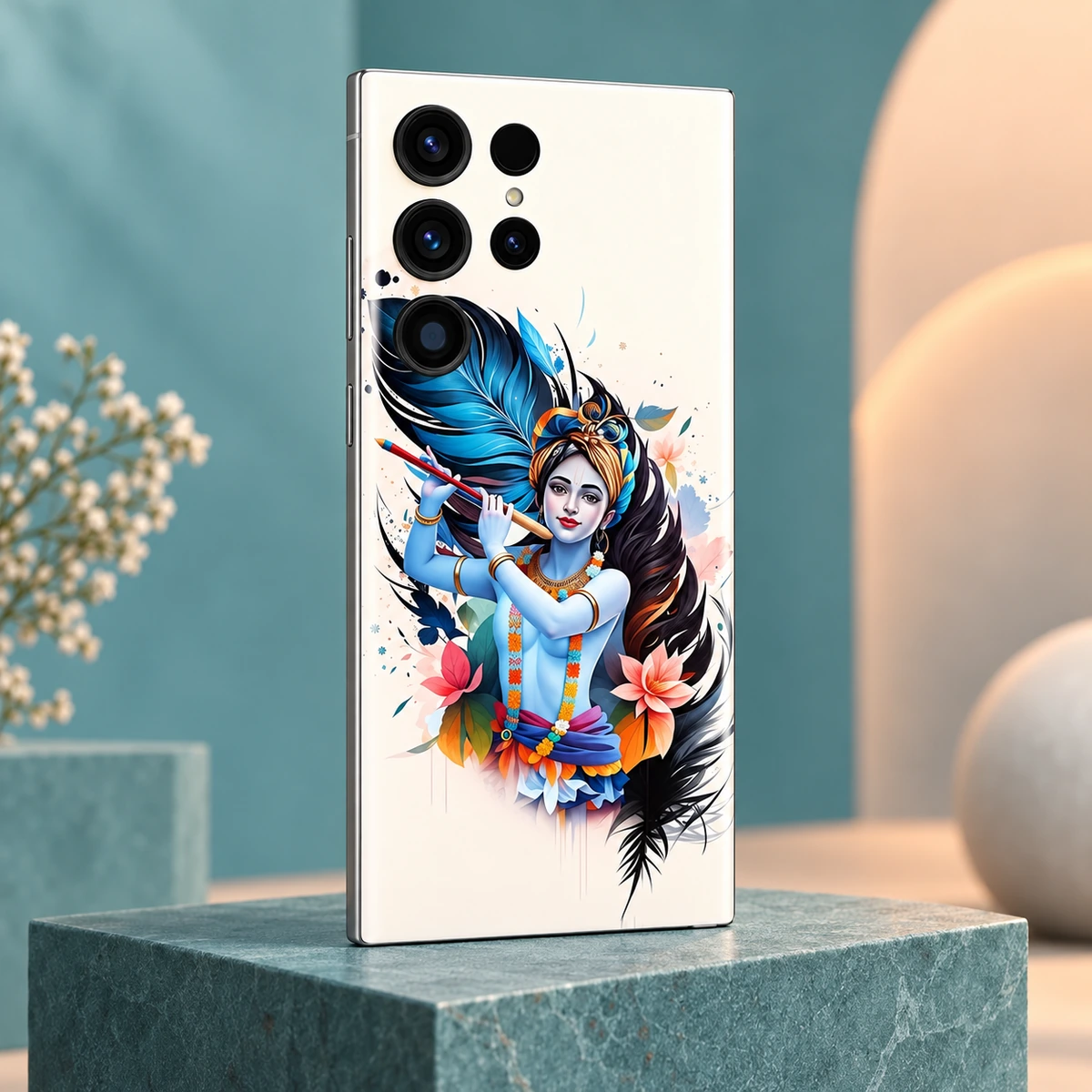 Shree Krishna Floral Feather Mobile Skin - Teal studio Shree Krishna Art mobile skin with flute, blue feathers and pink flowers - teal studio