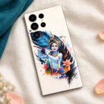 Shree Krishna Art mobile skin with flute, blue feathers and pink flowers - linen flatlay