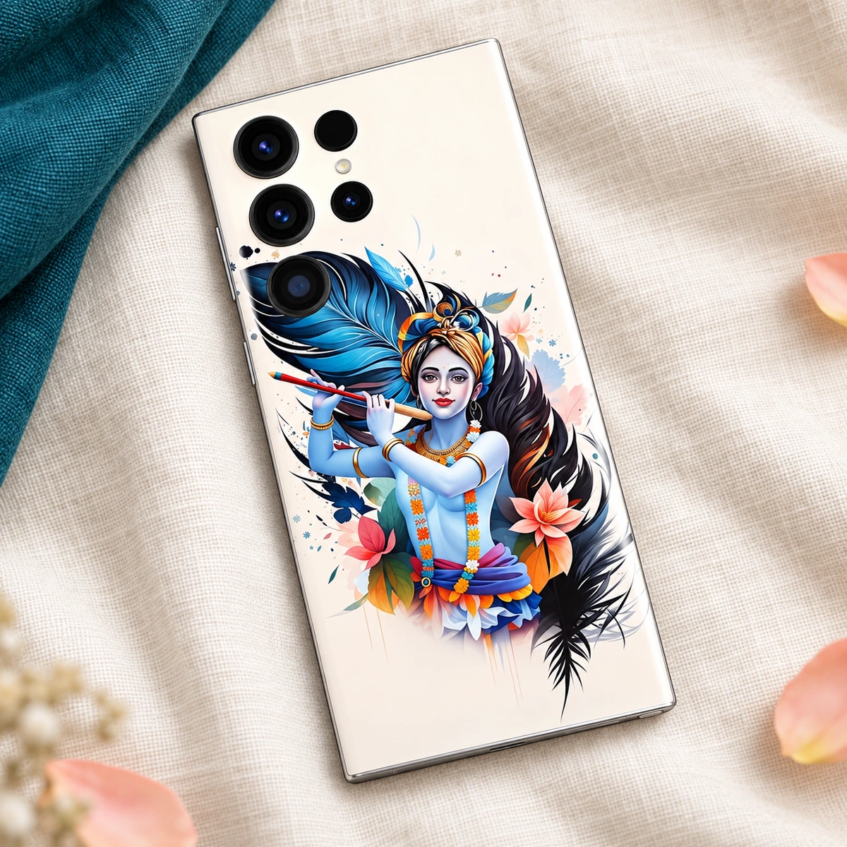 Shree Krishna Floral Feather Mobile Skin - Linen flatlay Shree Krishna Art mobile skin with flute, blue feathers and pink flowers - linen flatlay