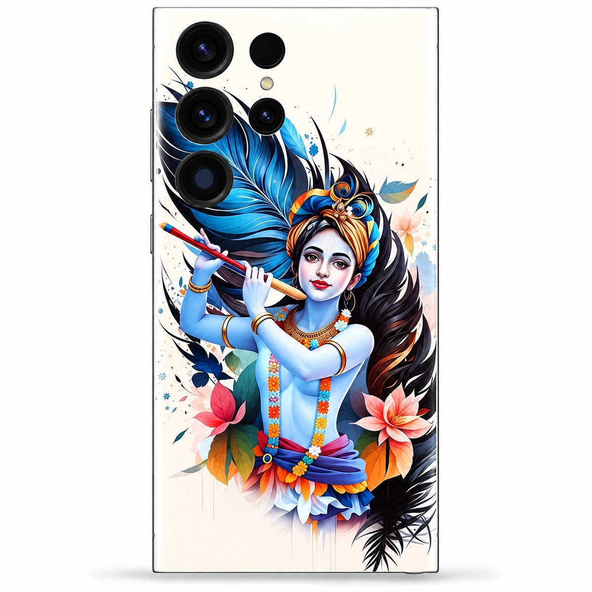 Shree Krishna Floral Feather Mobile Skin - Floral artwork detail Shree Krishna Art mobile skin with flute, blue feathers and pink flowers - floral artwork detail