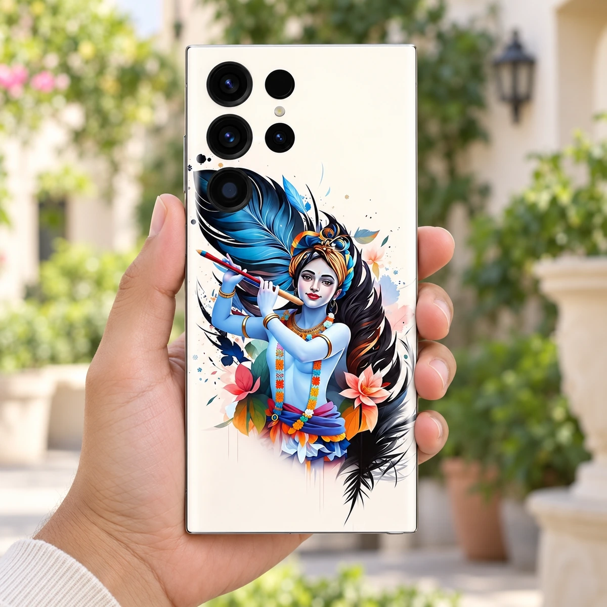 Shree Krishna Floral Feather Mobile Skin - Garden in-hand Shree Krishna Art mobile skin with flute, blue feathers and pink flowers - garden in-hand