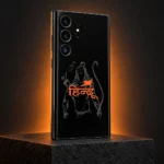 Shree Ram Hindu calligraphy mobile skin in a saffron-lit charcoal studio
