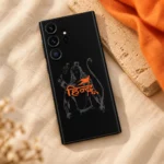 Shree Ram Hindu black mobile skin on cream linen with a saffron accent