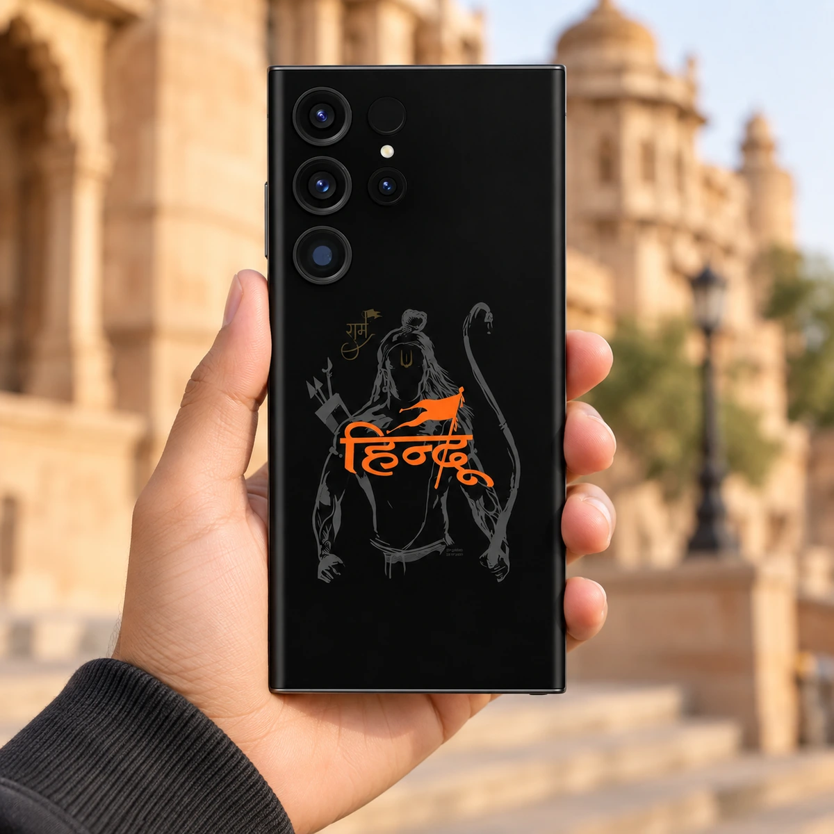 Shree Ram Hindu Calligraphy Mobile Skin - In-hand lifestyle Shree Ram Hindu mobile skin held in hand near warm sandstone architecture
