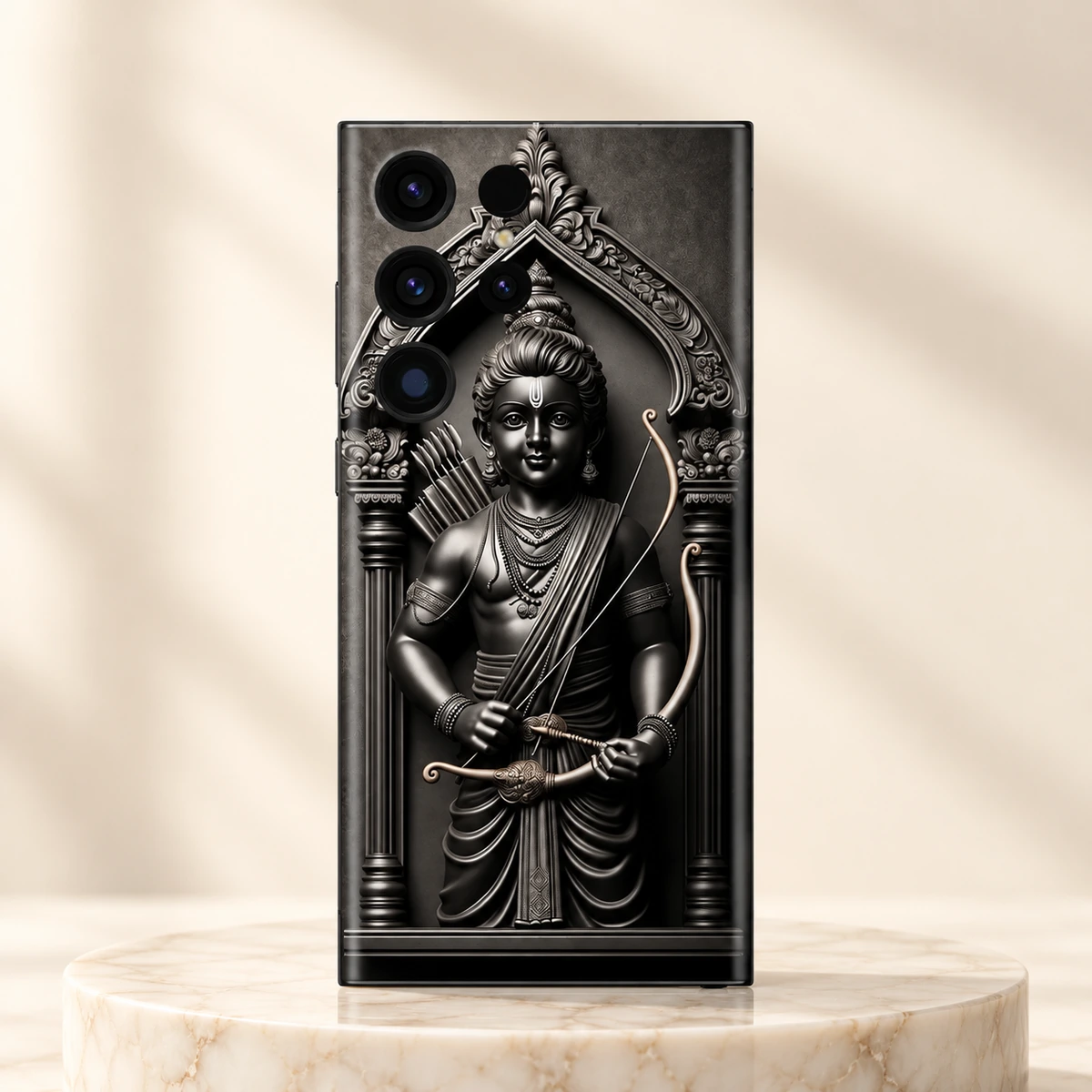 Shree Ram Monochrome Statue Mobile Skin - Ivory hero Shree Ram Monochrome Statue Mobile Skin upright on an ivory marble pedestal