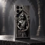 Black and silver Shree Ram statue mobile skin angled on charcoal granite