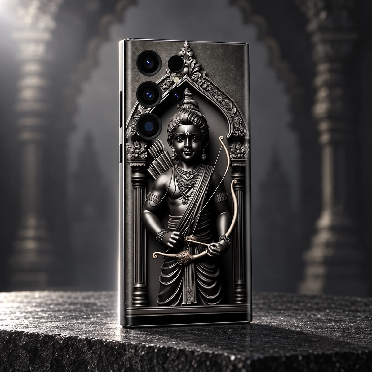 Shree Ram Monochrome Statue Mobile Skin - Silver studio Black and silver Shree Ram statue mobile skin angled on charcoal granite