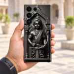 Shree Ram Monochrome Statue Mobile Skin held in hand in a bright stone courtyard