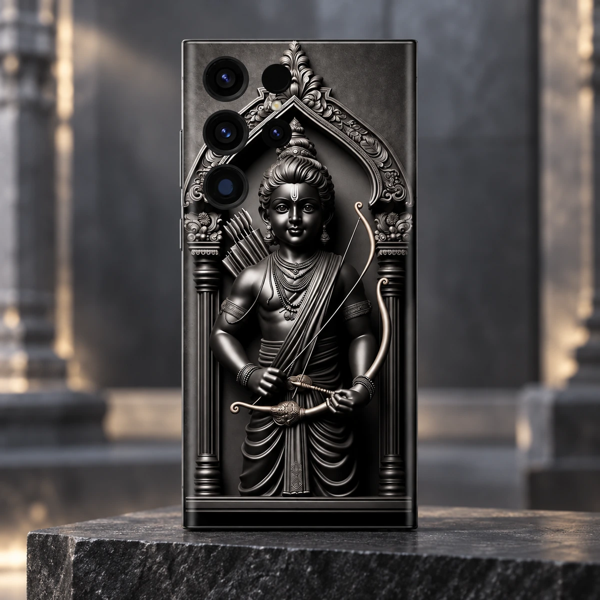 Shree Ram Monochrome Statue Mobile Skin - Statue detail Detailed Shree Ram statue artwork with bow arrows and ornate temple arch on a mobile skin