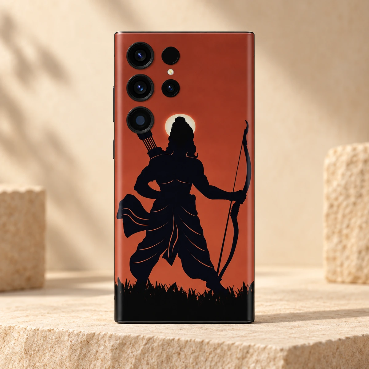 Shree Ram Rust Orange Archer Mobile Skin - Ivory hero Shree Ram rust orange archer mobile skin with black bow silhouette and pale sun on ivory sandstone