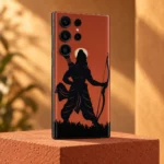 Shree Ram archer silhouette mobile skin on terracotta in warm sunset studio light