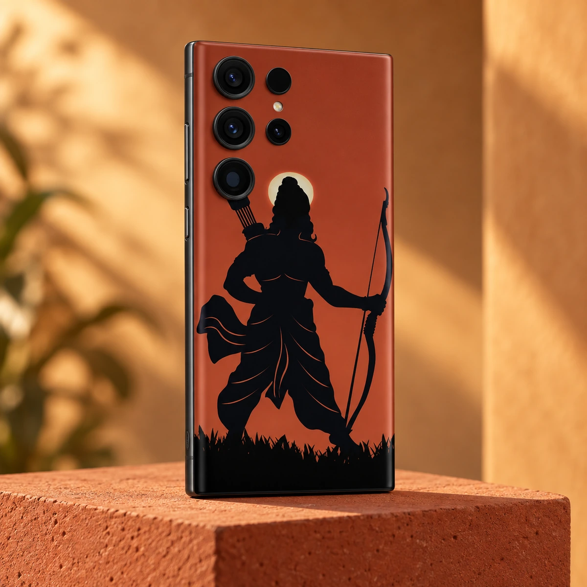Shree Ram Rust Orange Archer Mobile Skin - Sunset studio Shree Ram archer silhouette mobile skin on terracotta in warm sunset studio light