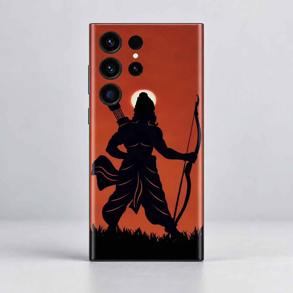 Shree Ram Rust Orange Archer Mobile Skin - Archer detail Close view of Lord Ram archer silhouette with bow and quiver on rust orange mobile skin