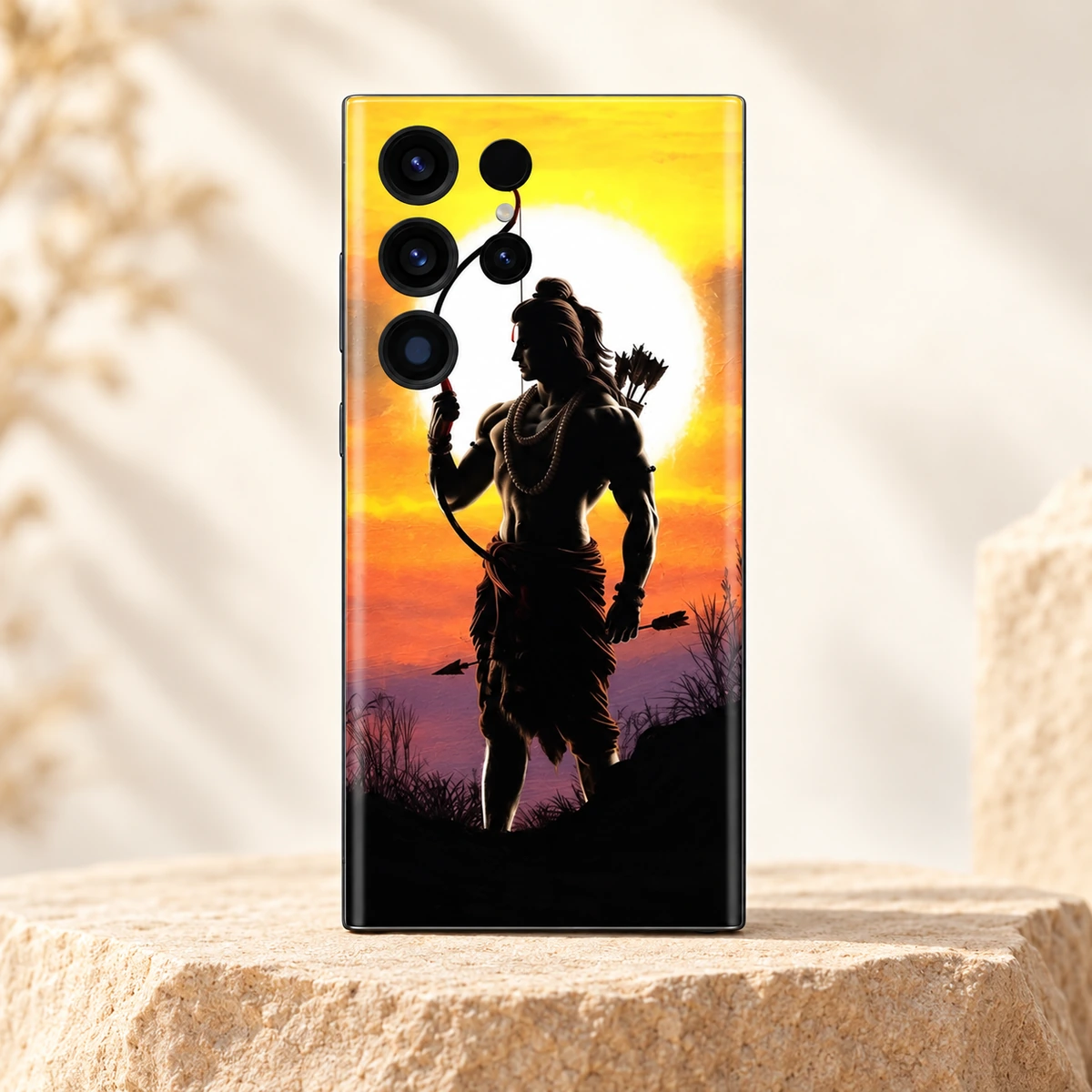 Shree Ram Sunset Archer Mobile Skin - Sandstone hero Shree Ram sunset archer mobile skin with bow and bright sun displayed on pale sandstone