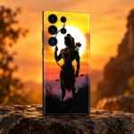 Shree Ram archer phone skin with orange sunset artwork in a saffron studio