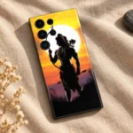 Shree Ram sunset mobile skin flat lay on natural linen