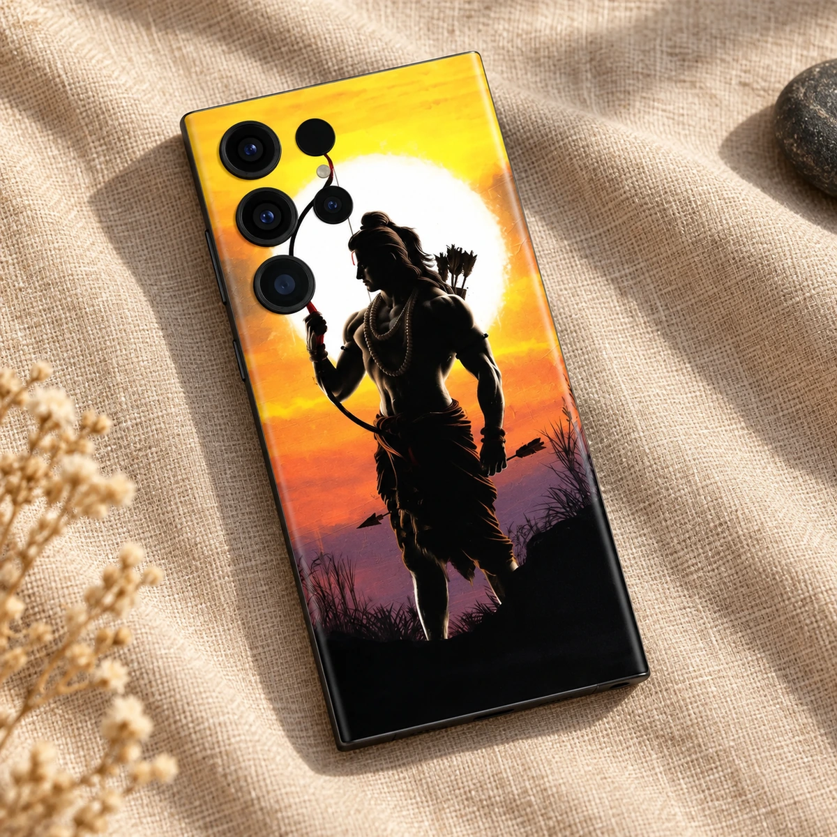 Shree Ram Sunset Archer Mobile Skin - Linen flatlay Shree Ram sunset mobile skin flat lay on natural linen