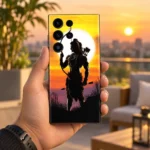 Shree Ram sunset archer mobile skin held in hand on a golden hour terrace