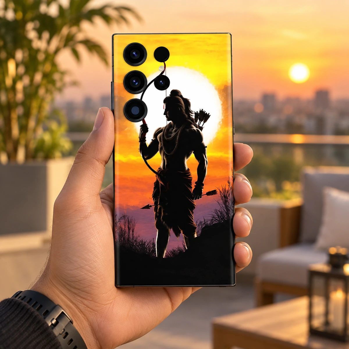 Shree Ram Sunset Archer Mobile Skin - Sunset handheld Shree Ram sunset archer mobile skin held in hand on a golden hour terrace