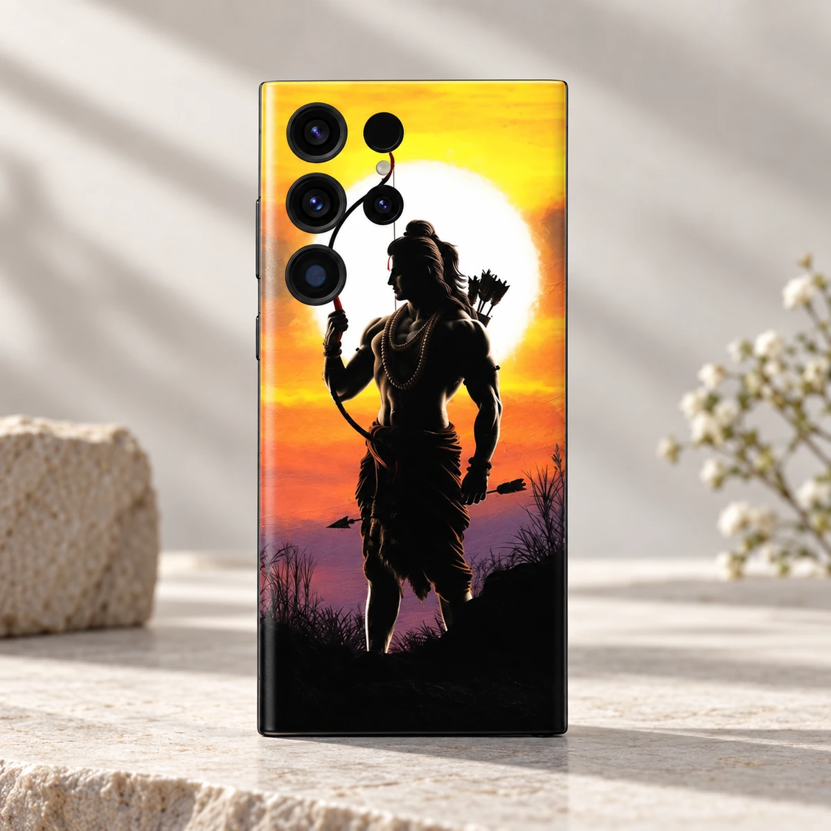 Shree Ram Sunset Archer Mobile Skin - Archer detail Close detail of Lord Ram bow quiver and bright sun artwork printed on mobile skin