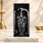 Shree Venkatesh Balaji Monochrome Mobile Skin displayed on an ivory marble pedestal