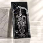 Close view of detailed Balaji idol and silver arch artwork on Shree Venkatesh Mobile Skin