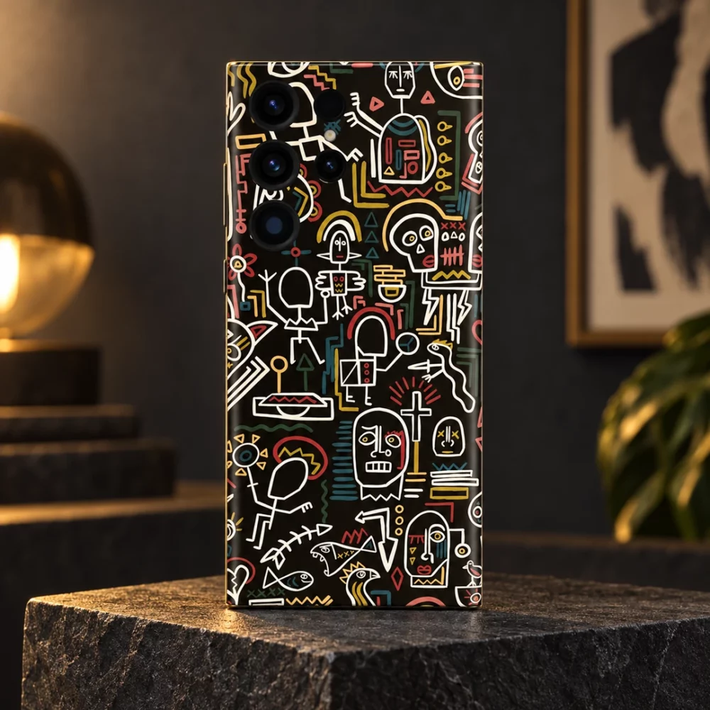 Black Skull Doodle Pattern mobile skin with cream line art, art studio hero