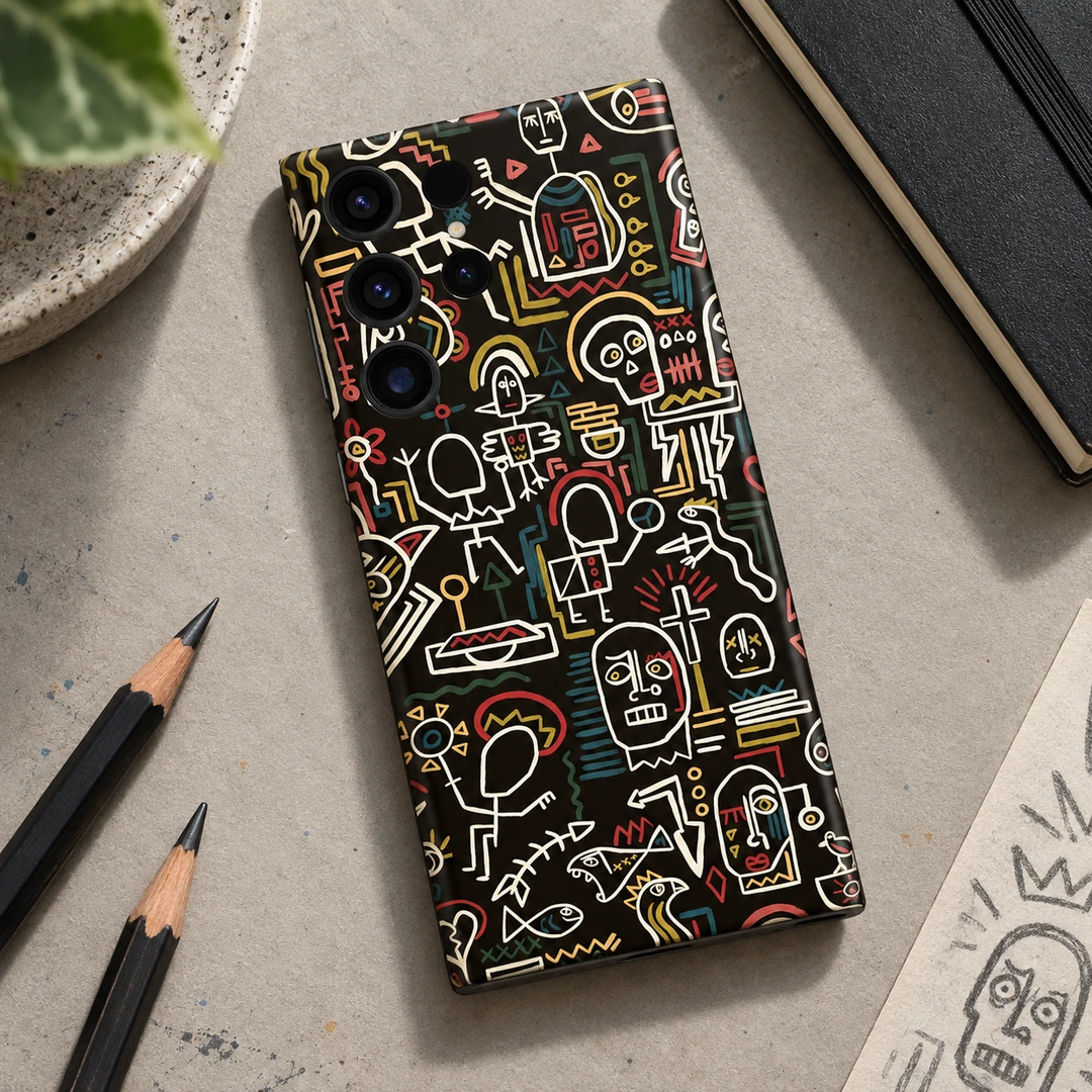 Skull Doodle Pattern Mobile Skin - Artist Desk Flat Lay Black Skull Doodle Pattern mobile skin with cream line art, artist desk flat lay