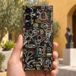Black Skull Doodle Pattern mobile skin with cream line art, gallery courtyard lifestyle