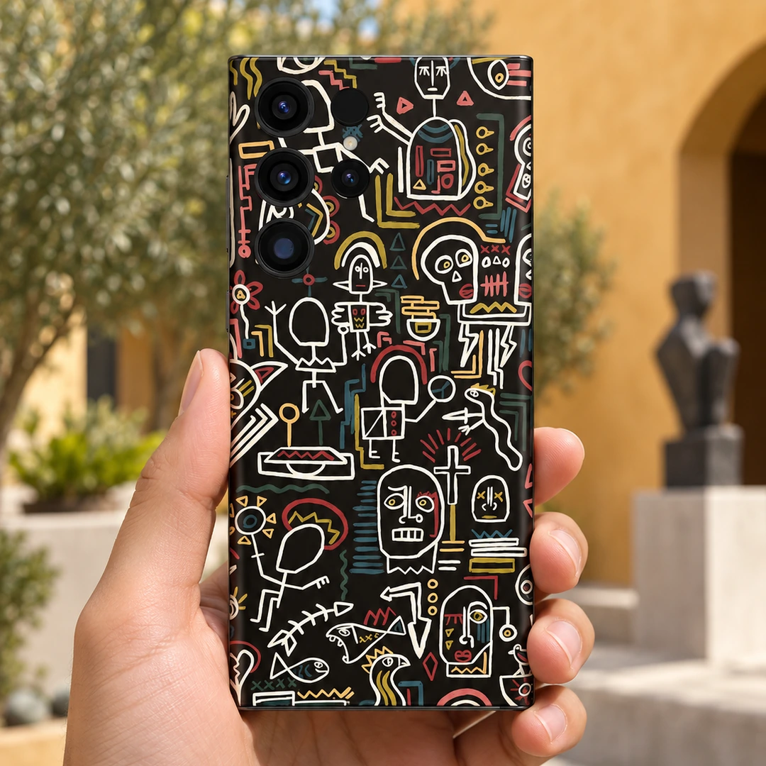 Skull Doodle Pattern Mobile Skin - Gallery Courtyard Lifestyle Black Skull Doodle Pattern mobile skin with cream line art, gallery courtyard lifestyle