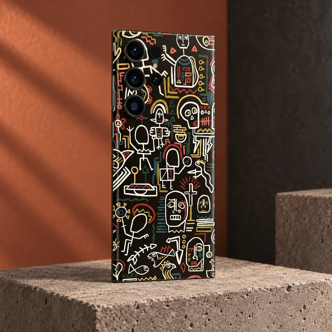 Skull Doodle Pattern Mobile Skin - Terracotta Studio Angle Black Skull Doodle Pattern mobile skin with cream line art, terracotta studio angle