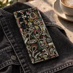 Black Skull Doodle Pattern mobile skin with cream line art, denim cafe detail