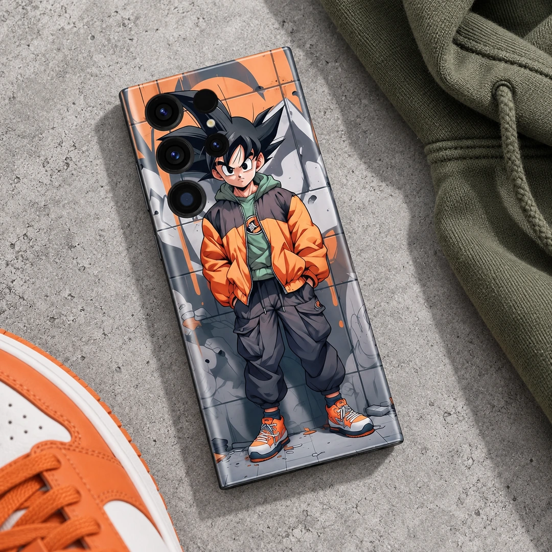 Son Goku Streetwear Mobile Skin - Streetwear flat lay Son Goku Streetwear Mobile Skin shown in streetwear flat lay