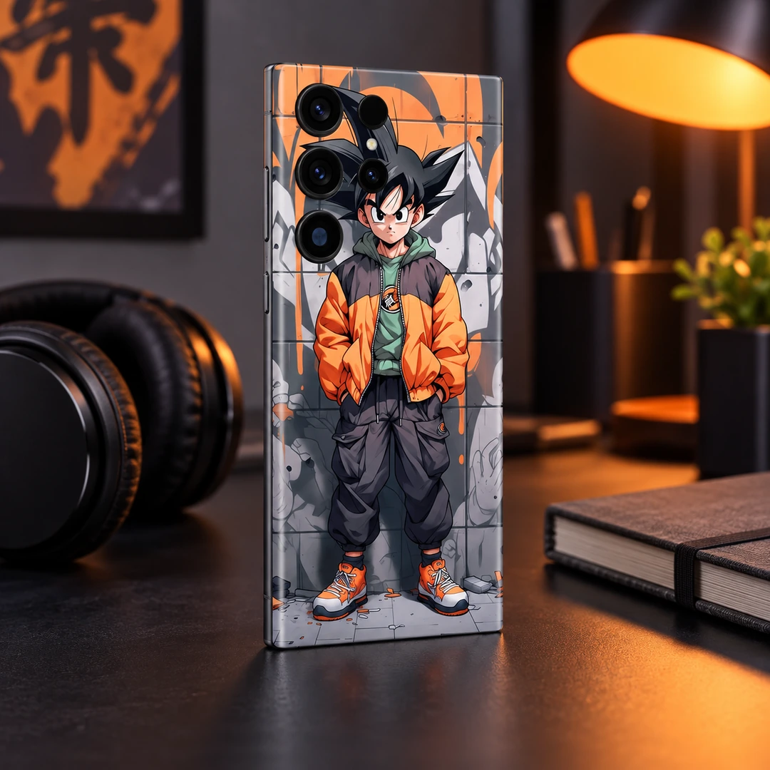 Son Goku Streetwear Mobile Skin - Creative desk view Son Goku Streetwear Mobile Skin shown in creative desk view