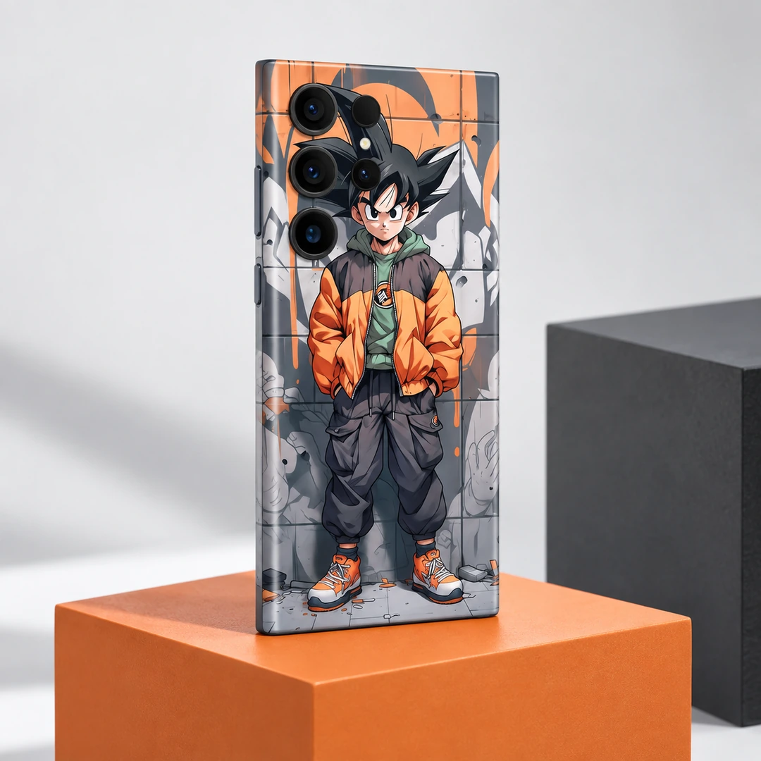 Son Goku Streetwear Mobile Skin - Orange studio angled view Son Goku Streetwear Mobile Skin shown in orange studio angled view