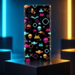 Space Force Mobile Skin with colorful pixel alien and spaceship pattern in a arcade studio hero photograph