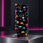 Space Force Mobile Skin with colorful pixel alien and spaceship pattern in a magenta studio angle photograph