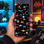 Space Force Mobile Skin with colorful pixel alien and spaceship pattern in a gaming room handheld photograph