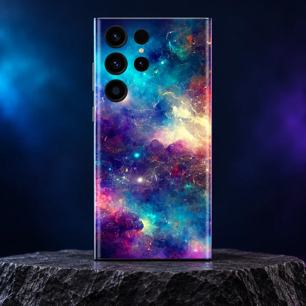Space galaxy nebula mobile skin on a charcoal studio plinth