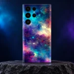 Space galaxy nebula mobile skin on a charcoal studio plinth