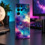 Angled galaxy phone skin on a cyan and violet desk
