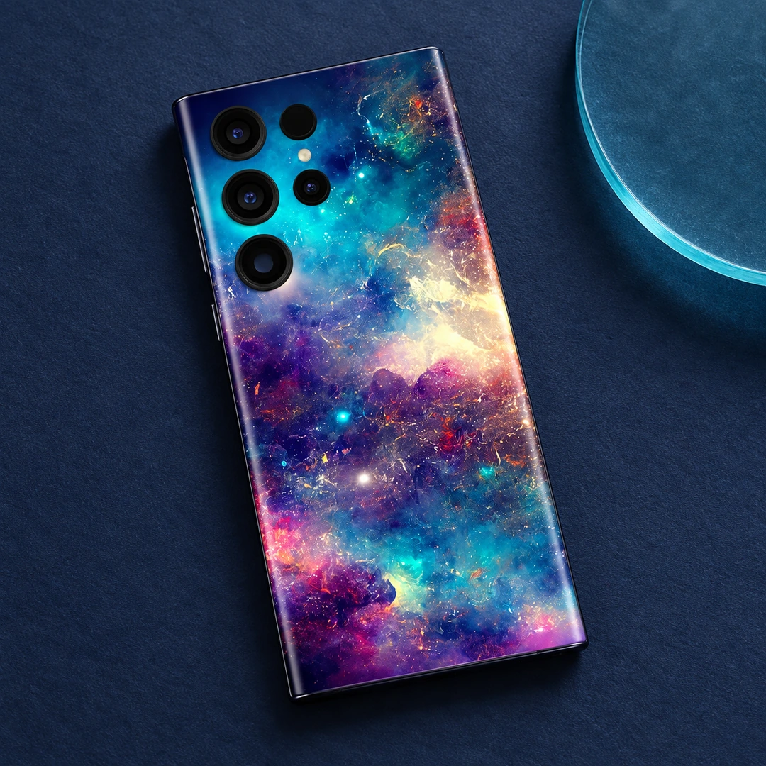 Space Galaxy Nebula Mobile Skin - Navy flat lay Galaxy nebula mobile skin flat lay on navy paper