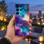 Colourful galaxy mobile skin held against a blue hour city backdrop