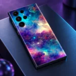Galaxy nebula phone skin on brushed blue metal