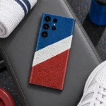 Sports Court mobile skin with blue and red fields and a diagonal white stripe - gym flat lay