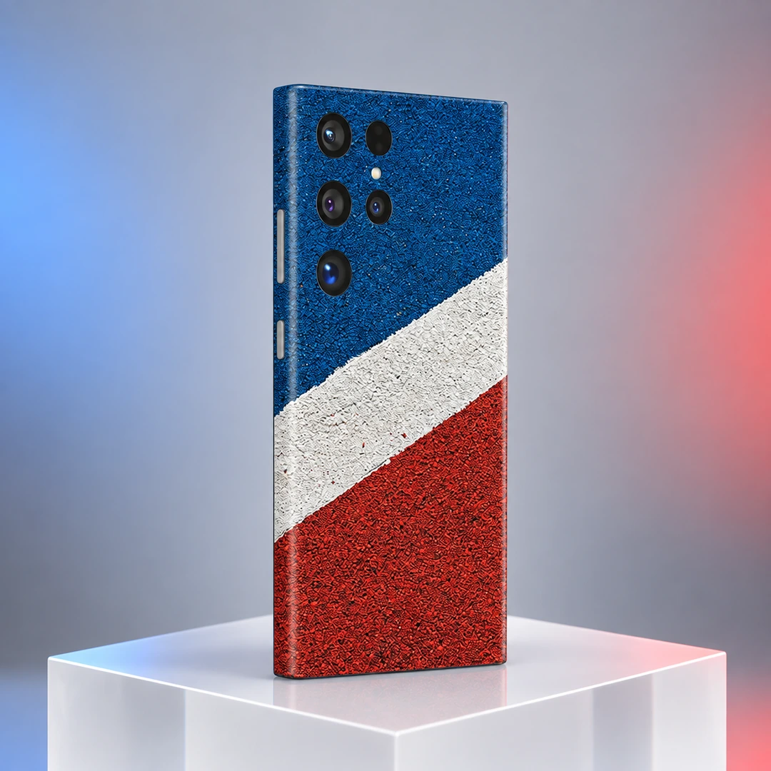 Sports Court Mobile Skin - Studio rear angle Sports Court mobile skin with blue and red fields and a diagonal white stripe - studio rear angle